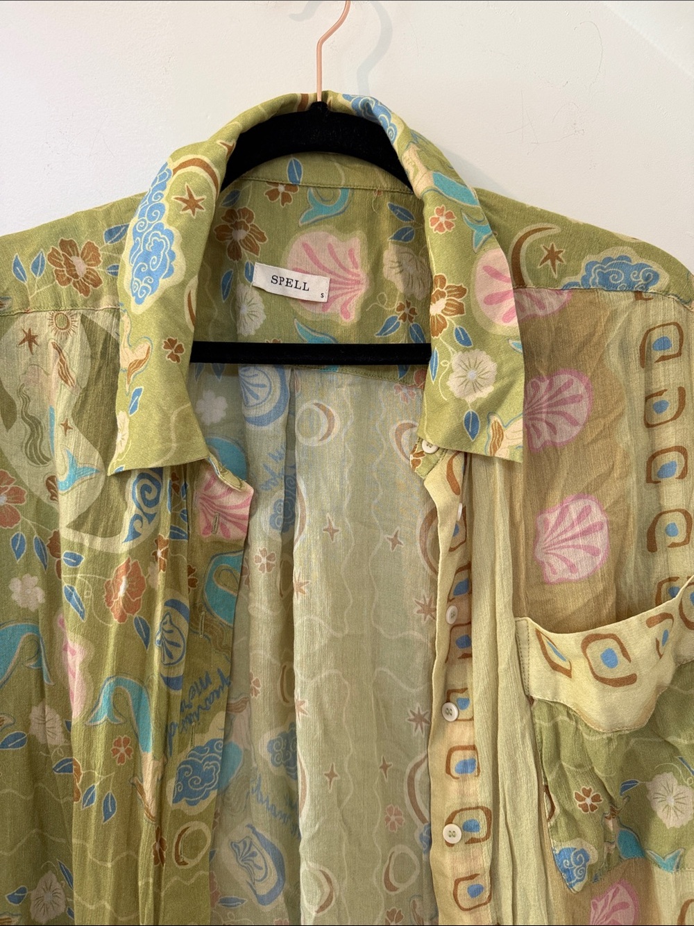 Spell Pastel Floral Button-Front Shirt in Green, Pink and Blue - Picture 3 of 5
